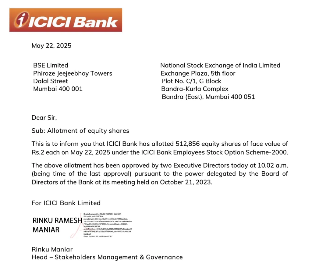 ICICI Bank Letter for ESOP